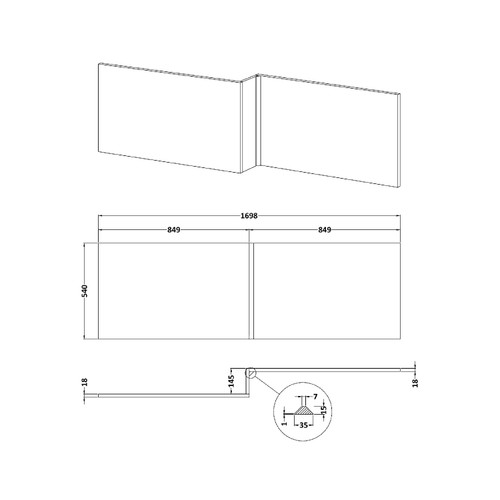 Nuie Athena Anthracite Square Shower 1700mm Front Bath Panel - MPD535N Dimensions