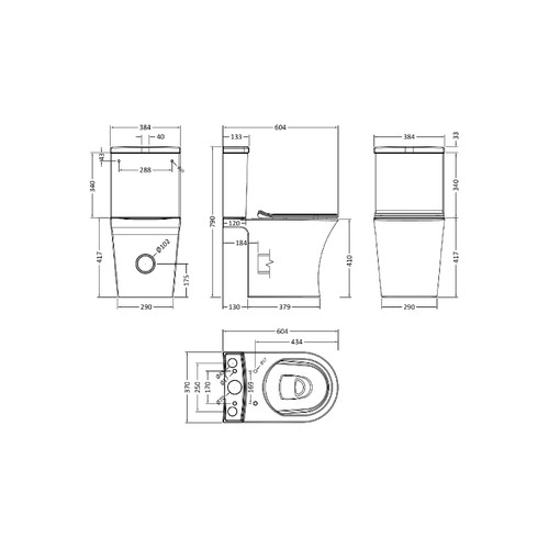 Nuie Freya Semi Flush to Wall Close Coupled Toilet Pan with Cistern and Soft Close Toilet Seat - NCG850 Dimensions