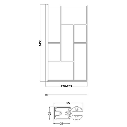 Nuie Square Block Matt Black Framed Bath Screen - NSSQBB Dimensions