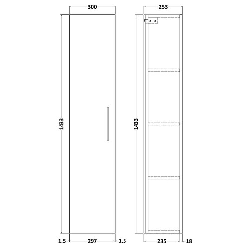 Nuie Arno Solace Oak 300mm Single Door Tall Wall Hung Unit - NVF2561 Dimensions