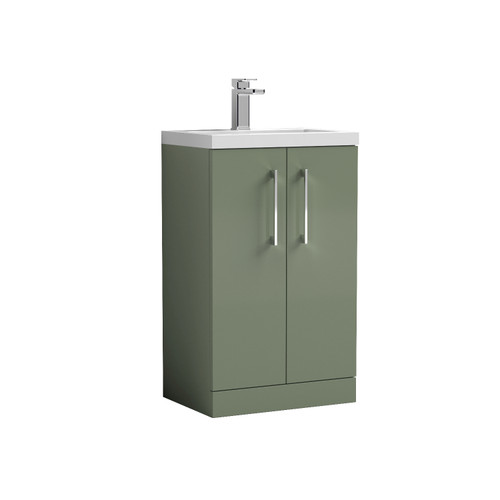 Nuie Arno Compact Satin Green 500mm 2 Door Wall Hung Vanity Unit and Ceramic Basin - PAL118E Front View