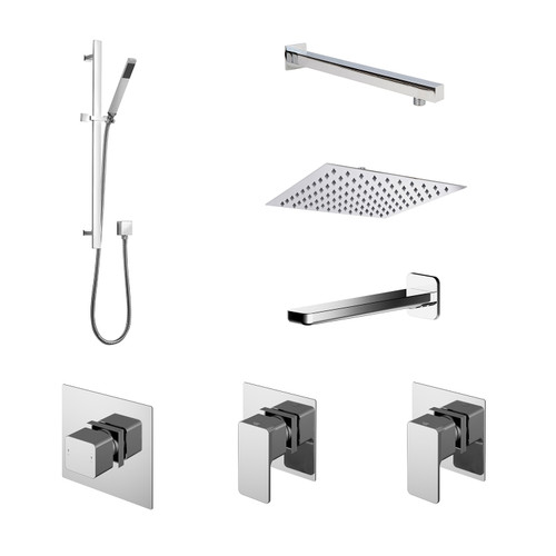 Nuie Windon Chrome 3 Outlet Concealed Thermostatic Shower Bundle including Wall Fixed Head with Slide Rail Kit and Bath Spout - SBS137ST3 Front View