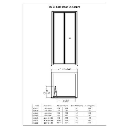 Nuie Rene Satin Chrome 900mm Bi-Fold Shower Door - SQBD90 Dimensions