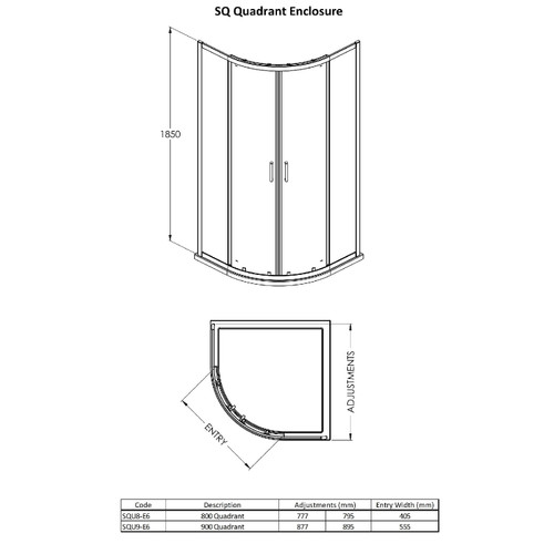 Nuie Rene Matt Black 800mm Quadrant Shower Enclosure - SQU8BP Dimensions