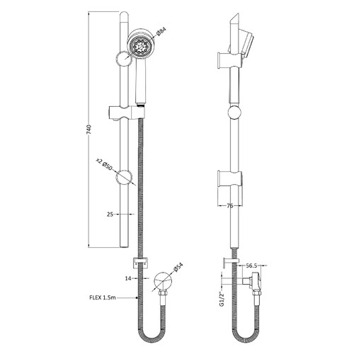 Nuie Round Shower Slide Rail Kit with Outlet Elbow - STY742 Dimensions