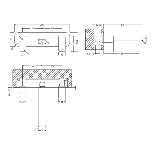 Nuie Windon Polished Chrome Wall Mounted 3 Tap Hole Basin Mixer with Plate - WIN350 Dimensions