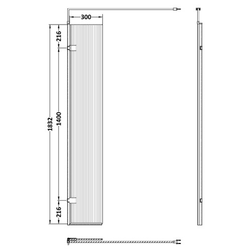 Nuie 300mm x 1850mm Fluted Wetroom Hinged Return Screen with Polished Chrome Fittings - WRFL18530H Dimensions