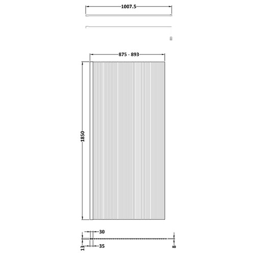 Nuie 900mm x 1850mm Fluted Wetroom Screen with Brushed Brass Support Bar - WRFL18590BB Dimensions