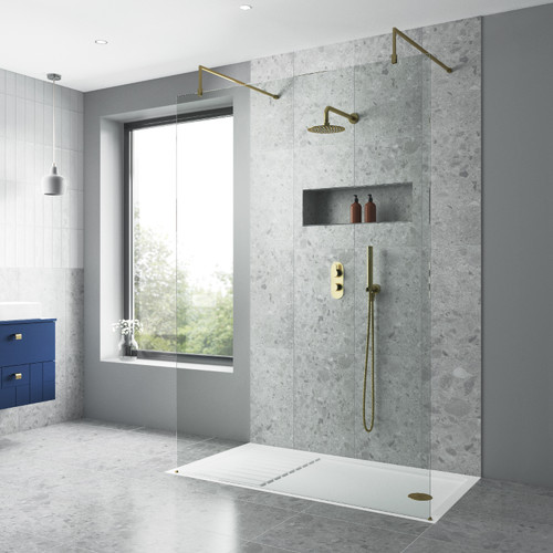Nuie 1100mm x 1850mm Wetroom Screen with Brushed Brass Support Bar - WRSCBB011 Alternative View
