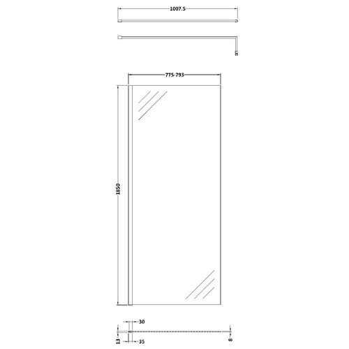 Nuie 800mm x 1850mm Wetroom Screen with Brushed Brass Support Bar - WRSCBB080 Dimensions