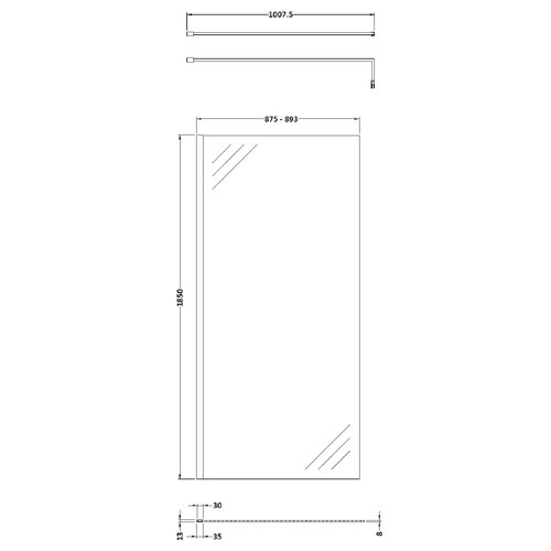 Nuie 900mm x 1850mm Wetroom Screen with Matt Black Support Bar - WRSCBP090 Dimensions
