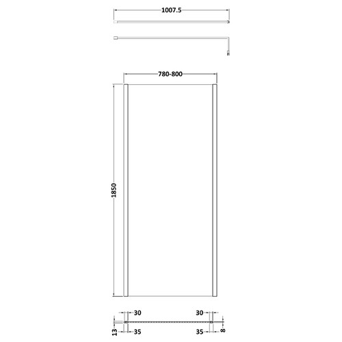 Nuie 800mm x 1850mm Wetroom Screen with Matt Black Support Bar - WRSCOBP80 Dimensions