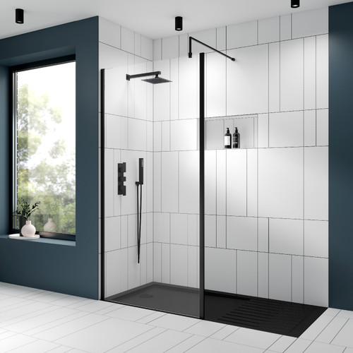 Nuie 900mm x 1850mm Wetroom Screen with Matt Black Support Bar - WRSCOBP90 Alternative View