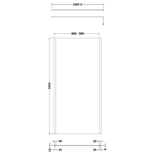 Nuie 900mm x 1850mm Wetroom Screen with Matt Black Support Bar - WRSCOBP90 Dimensions