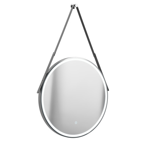 Colore Polished Chrome Frame with Grey Strap 600mm Round Illuminated LED Mirror with Demister and Touch Sensor Left Hand View