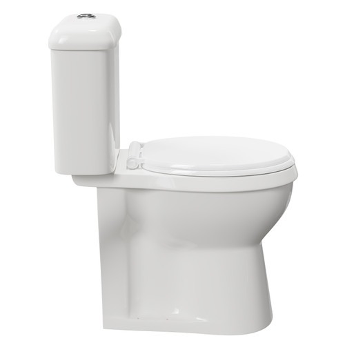 Doc M Comfort Height Toilet Pan with Cistern and Seat View From the Side
