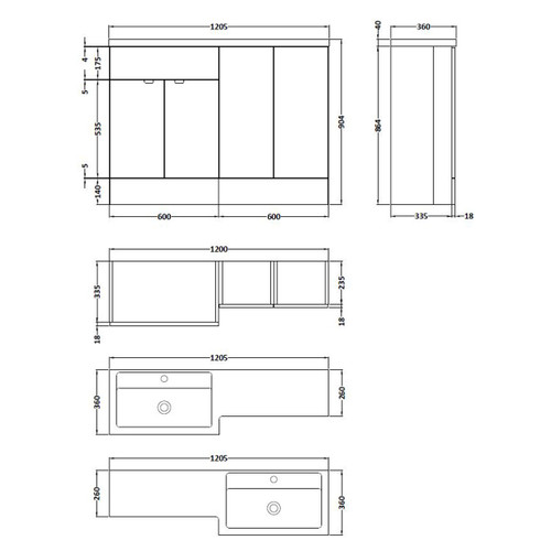 Hudson Reed Gloss Grey 1200mm Full Depth Combination 4 Door Vanity Storage Unit with Right Hand Basin - CBI912 - Dimensions