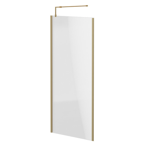 Colore Brushed Brass 1850mm x 900mm 8mm Walk In Clear Glass Shower Screen including Wall Channel with End Profile and Support Bar Right Hand Side View