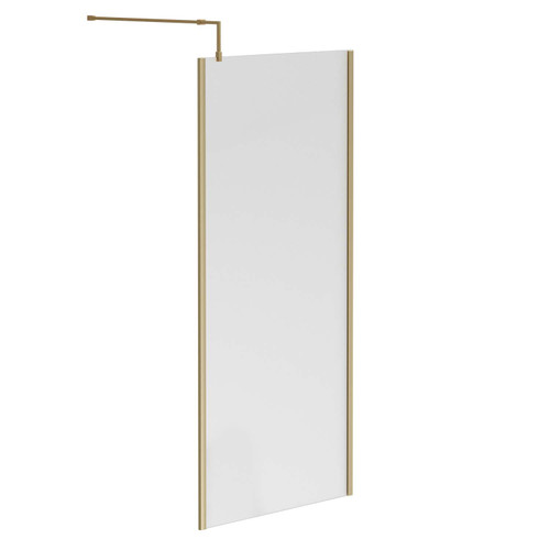 Colore Brushed Brass 1850mm x 900mm 8mm Walk In Clear Glass Shower Screen including Wall Channel with End Profile and Support Bar Left Hand View