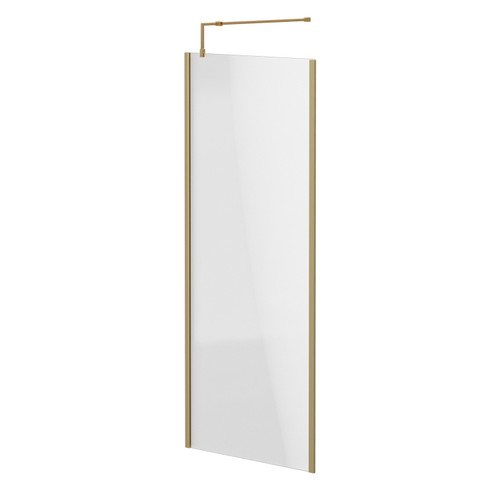 Colore Brushed Brass 1850mm x 800mm 8mm Walk In Clear Glass Shower Screen including Wall Channel with End Profile and Support Bar Right Hand Side View