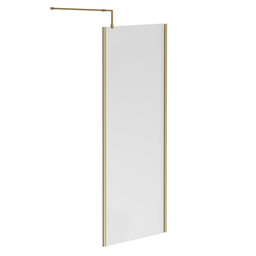 Colore Brushed Brass 1850mm x 800mm 8mm Walk In Clear Glass Shower Screen including Wall Channel with End Profile and Support Bar Left Hand View