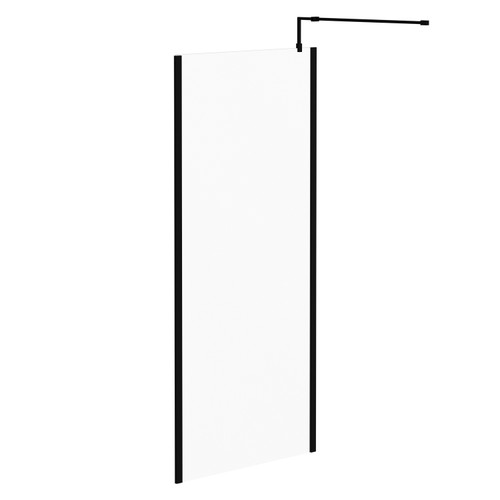 Colore Matt Black 1850mm x 900mm 8mm Walk In Clear Glass Shower Screen including Wall Channel with End Profile and Support Bar Left Hand View