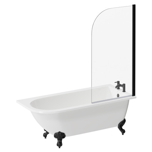 Oxford 1700mm x 750mm Right Hand Single Ended Freestanding Shower Bath with Bath Screen and Matt Black Claw Feet Left Hand View