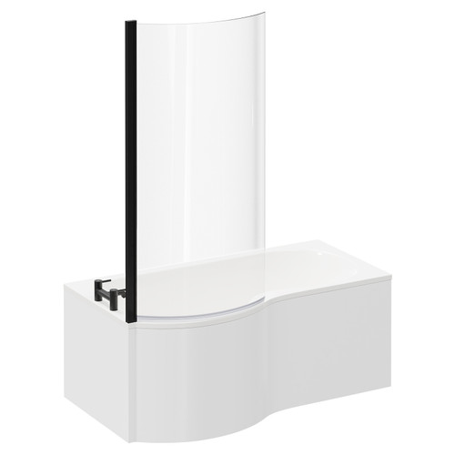 Plage 1500mm Left Hand P Shaped Shower Bath with Matt Black Bath Screen and White Acrylic Front Bath Panel Left Hand View