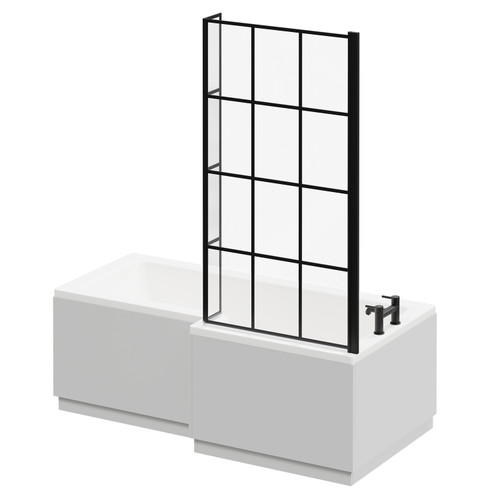 Loire 1700mm Right Hand L Shaped Shower Bath with Matt Black Bath Screen and Gloss Grey Pearl Front and End Bath Panel Right Hand Side View
