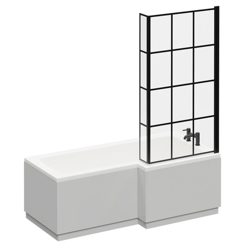 Loire 1700mm Right Hand L Shaped Shower Bath with Matt Black Bath Screen and Gloss Grey Pearl Front and End Bath Panel Left Hand View