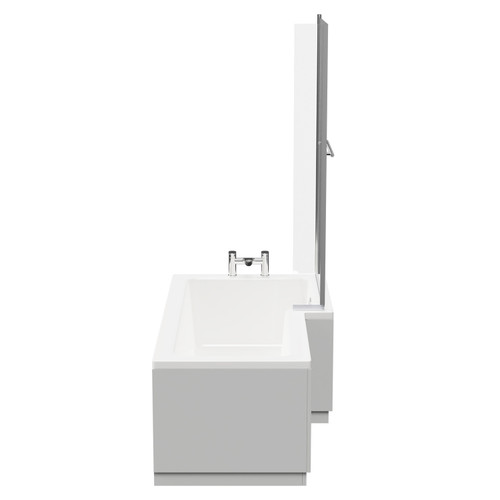 Loire 1700mm Right Hand L Shaped Shower Bath with Towel Rail Bath Screen and Gloss Grey Pearl Front and End Bath Panel Side View