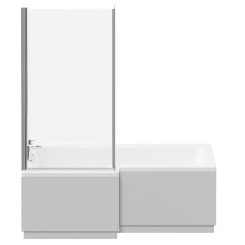 Loire 1700mm Left Hand L Shaped Shower Bath with Bath Screen and Gloss Grey Pearl Front and End Bath Panel Front View