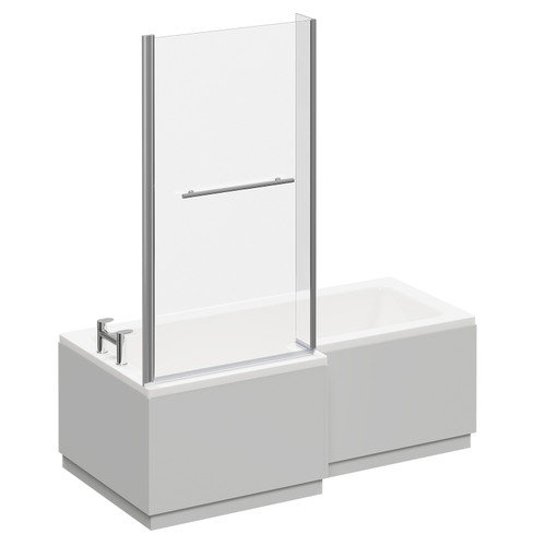 Loire 1700mm Left Hand L Shaped Shower Bath with Towel Rail Bath Screen and Gloss Grey Pearl Front and End Bath Panel Left Hand View