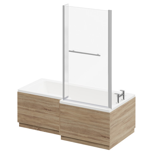 Loire 1700mm Right Hand L Shaped Shower Bath with Towel Rail Bath Screen and Bordalino Oak Front and End Bath Panel Right Hand Side View