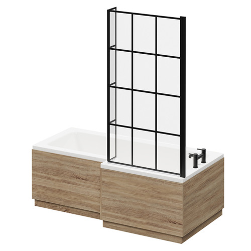 Loire 1700mm Right Hand L Shaped Shower Bath with Matt Black Bath Screen and Bordalino Oak Front and End Bath Panel Right Hand Side View