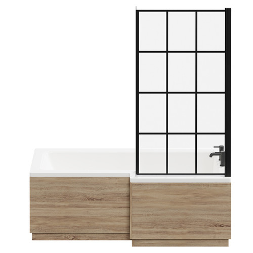 Loire 1700mm Right Hand L Shaped Shower Bath with Matt Black Bath Screen and Bordalino Oak Front and End Bath Panel Front View