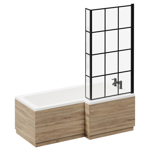 Loire 1700mm Right Hand L Shaped Shower Bath with Matt Black Bath Screen and Bordalino Oak Front and End Bath Panel Left Hand View