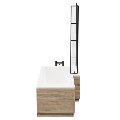 Loire 1700mm Right Hand L Shaped Shower Bath with Matt Black Bath Screen and Bordalino Oak Front and End Bath Panel Side View