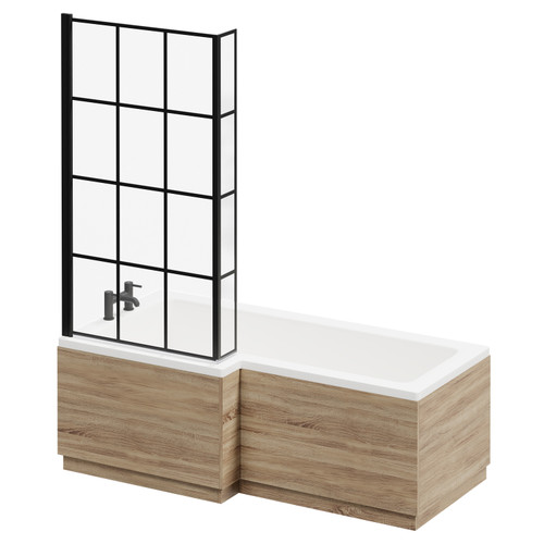 Loire 1700mm Left Hand L Shaped Shower Bath with Matt Black Bath Screen and Bordalino Oak Front and End Bath Panel Right Hand Side View