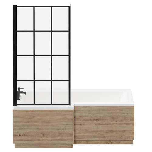 Loire 1700mm Left Hand L Shaped Shower Bath with Matt Black Bath Screen and Bordalino Oak Front and End Bath Panel Front View