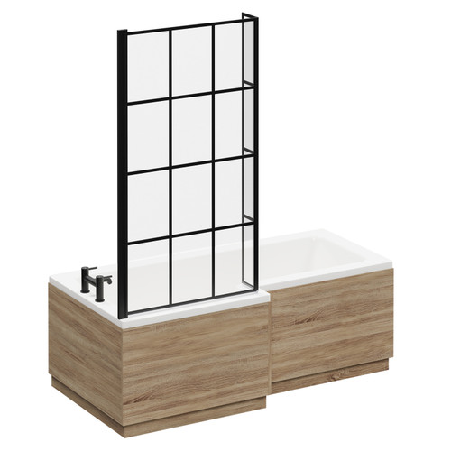 Loire 1700mm Left Hand L Shaped Shower Bath with Matt Black Bath Screen and Bordalino Oak Front and End Bath Panel Left Hand View