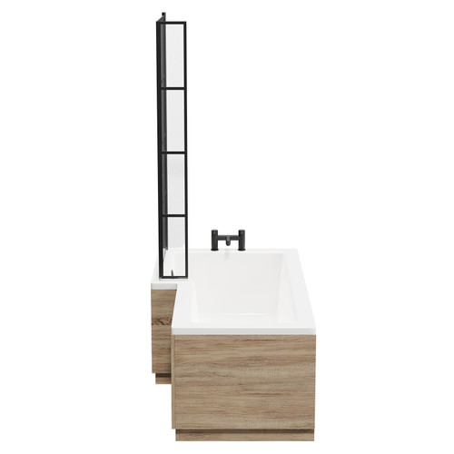 Loire 1700mm Left Hand L Shaped Shower Bath with Matt Black Bath Screen and Bordalino Oak Front and End Bath Panel Side View