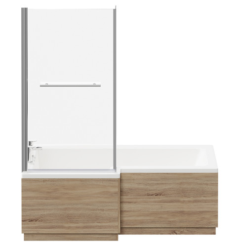 Loire 1700mm Left Hand L Shaped Shower Bath with Towel Rail Bath Screen and Bordalino Oak Front and End Bath Panel Front View