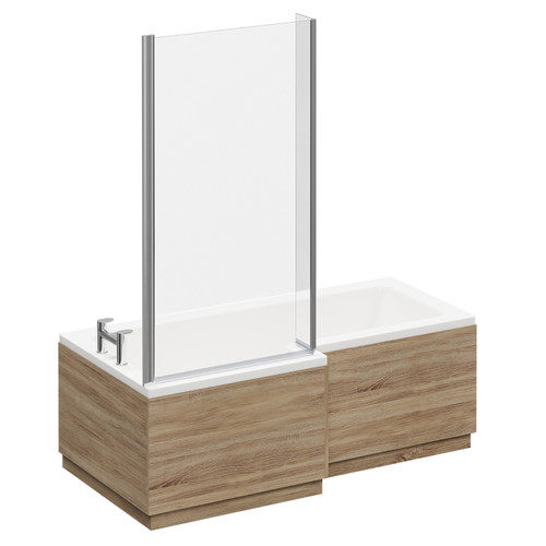 Loire 1700mm Left Hand L Shaped Shower Bath with Bath Screen and Bordalino Oak Front and End Bath Panel Left Hand View