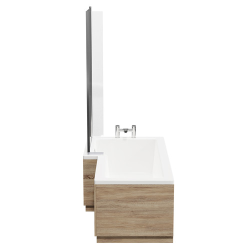 Loire 1700mm Left Hand L Shaped Shower Bath with Bath Screen and Bordalino Oak Front and End Bath Panel Side View