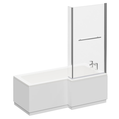 Loire 1700mm Right Hand L Shaped Shower Bath with Towel Rail Bath Screen and Gloss White Front and End Bath Panel Left Hand View