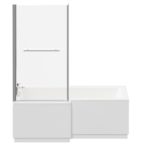 Loire 1700mm Left Hand L Shaped Shower Bath with Towel Rail Bath Screen and Gloss White Front and End Bath Panel Front View