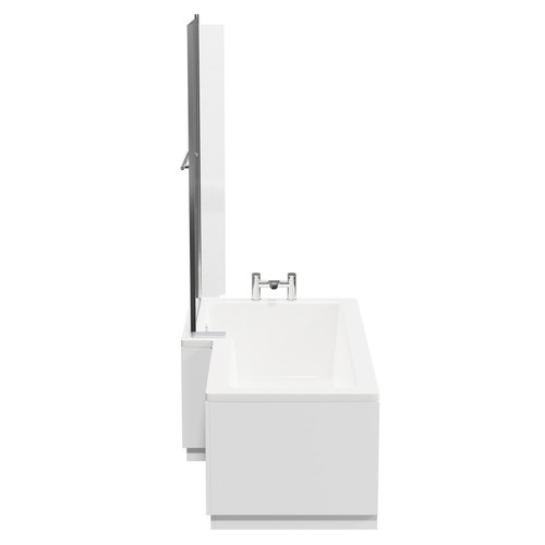 Loire 1700mm Left Hand L Shaped Shower Bath with Towel Rail Bath Screen and Gloss White Front and End Bath Panel Side View