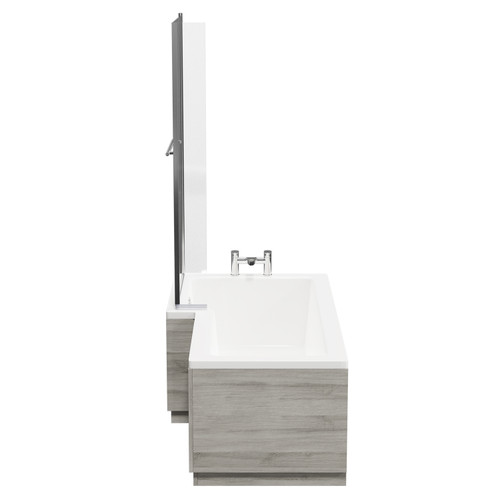 Loire 1700mm Left Hand L Shaped Shower Bath with Towel Rail Bath Screen and Molina Ash Front and End Bath Panel Side View