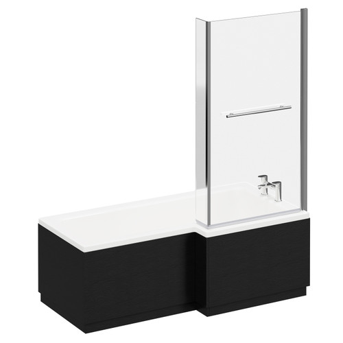 Loire 1700mm Right Hand L Shaped Shower Bath with Towel Rail Bath Screen and Nero Oak Front and End Bath Panel Left Hand View